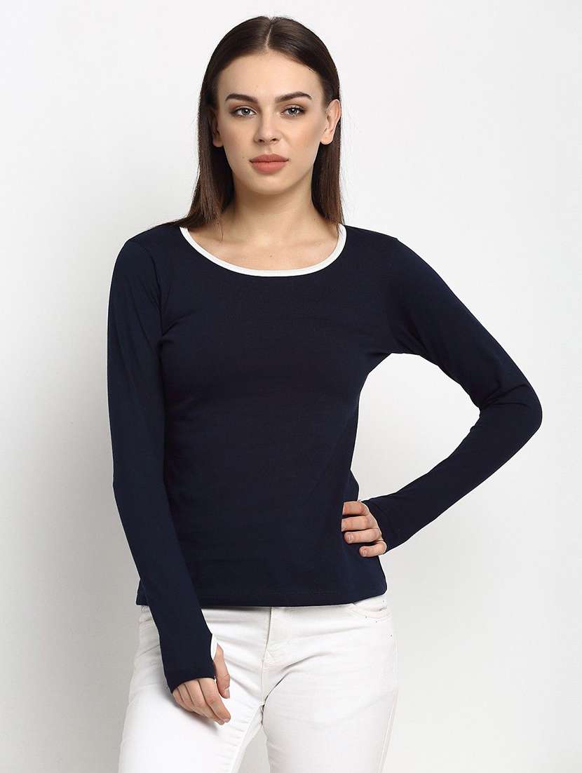 women solid navy blue cotton regular t-shirt