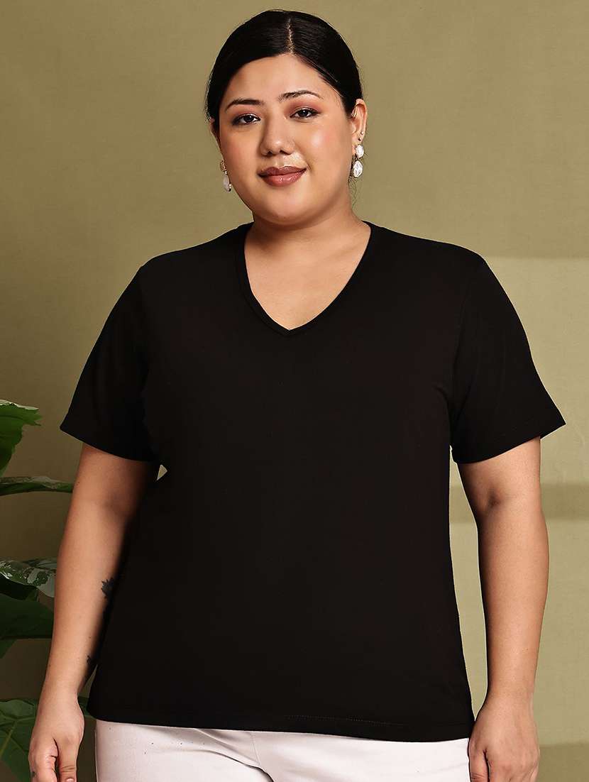 women solid black cotton regular t-shirt