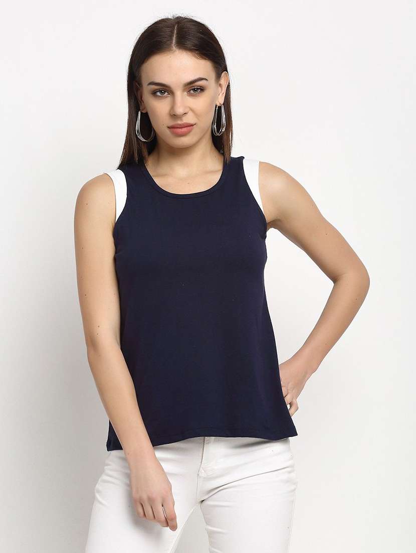 women solid navy blue cotton tank tee t-shirt