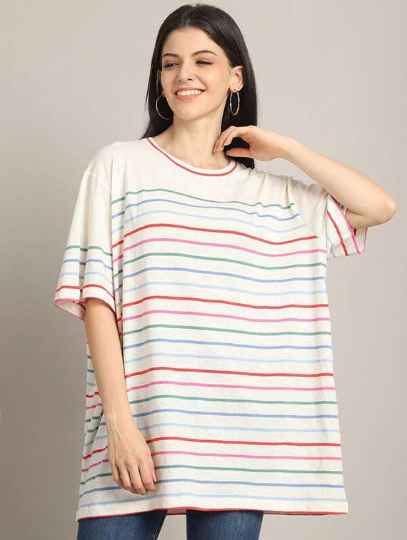 women stripes multi colored cotton oversized t-shirt