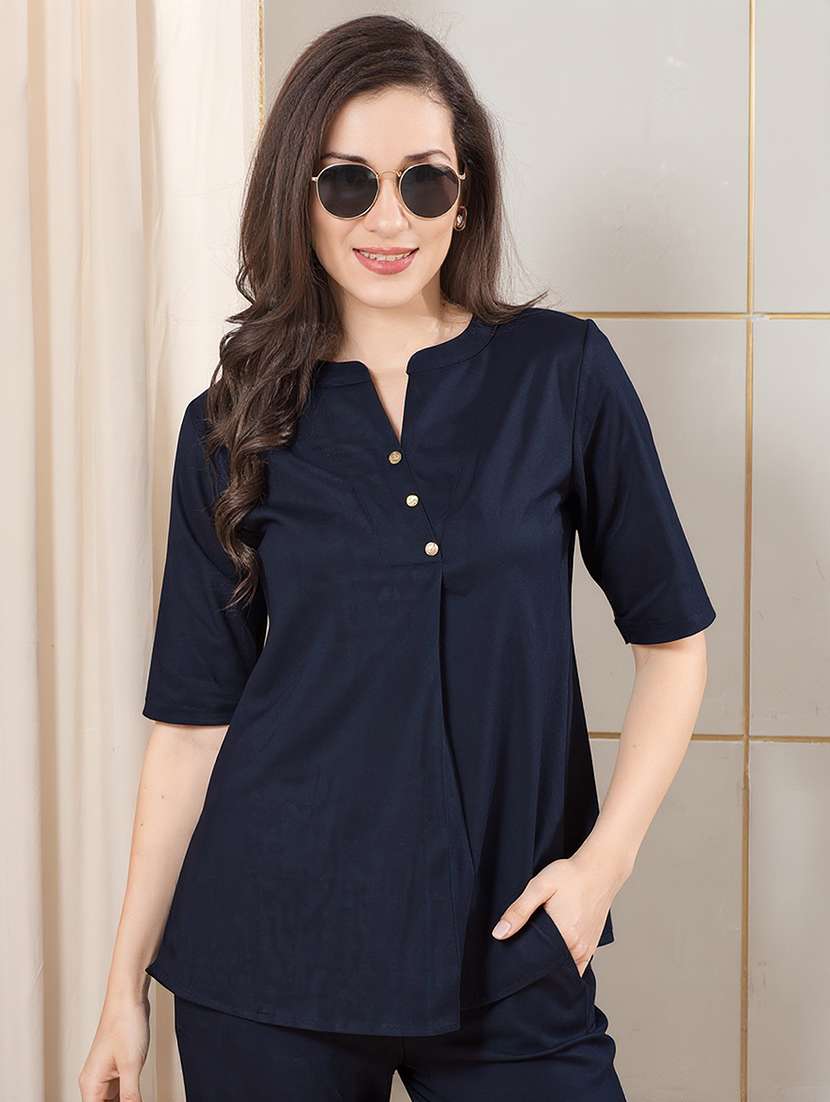 women navy blue linen top and trouser co-ords set - 22465153 -  Standard Image - 1