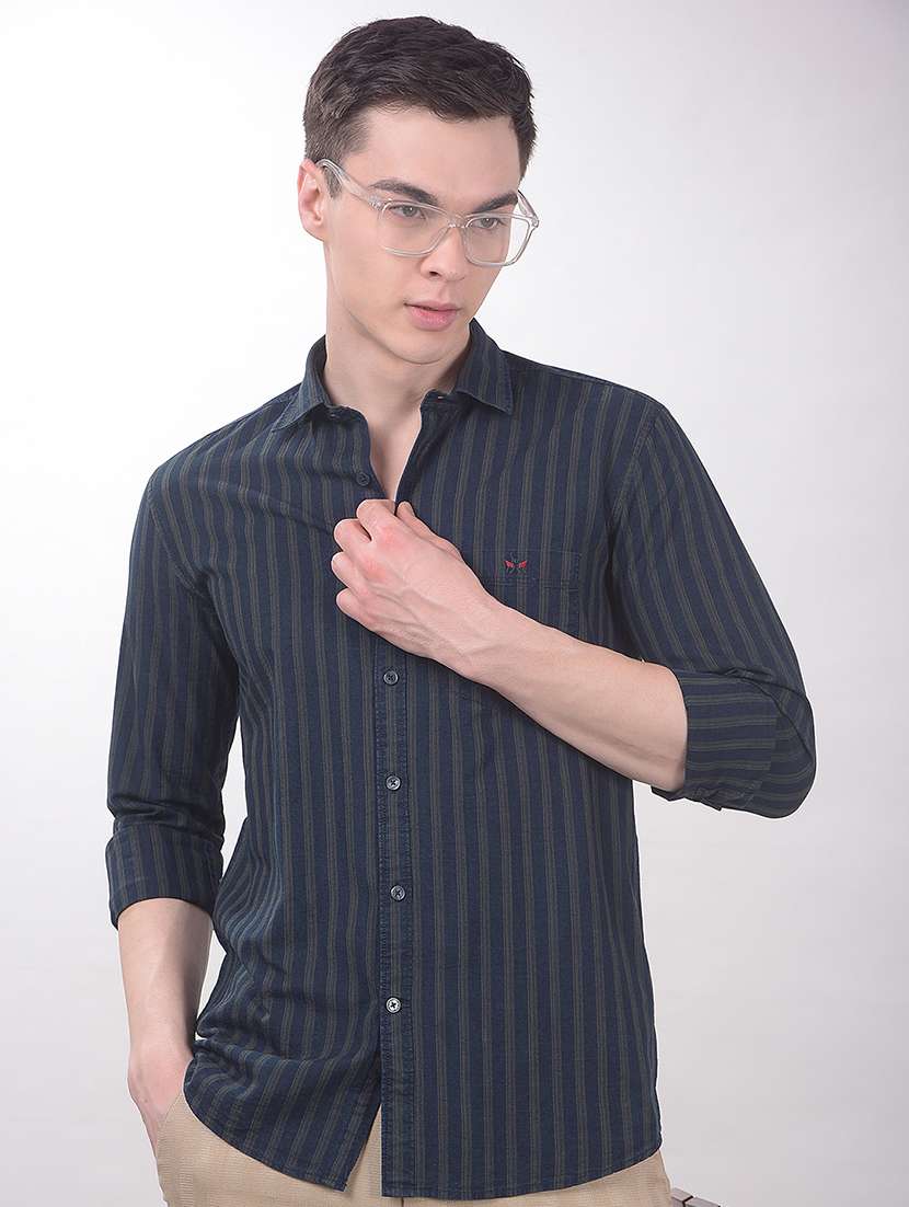 men striped long sleeve slim fit casual shirt