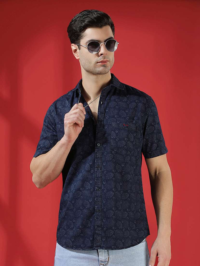 men printed short sleeve slim fit casual shirt