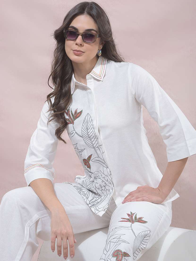 women embroidered collared regular shirt