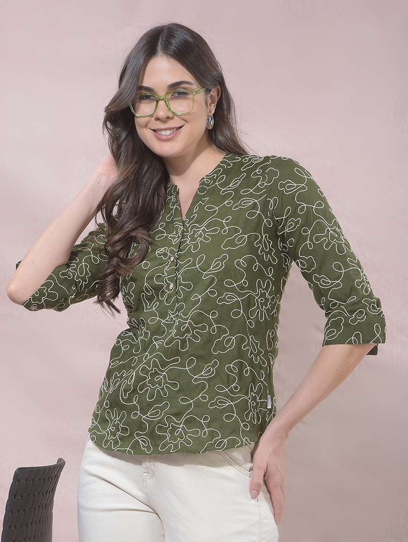 women embroidered three quarter sleeves top