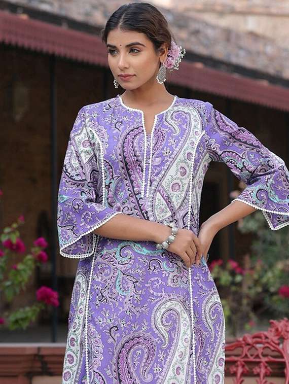 women lavender cotton blend straight kurta - 22465768 -  Standard Image - 1