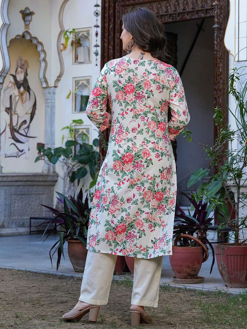 women cream cotton blend straight kurta - 22465778 -  Standard Image - 4
