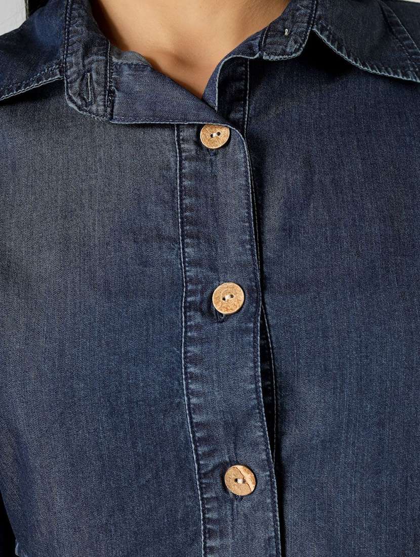Women Solid Long Sleeve Crop Denim Shirt - 22465790 -  Standard Image - 1