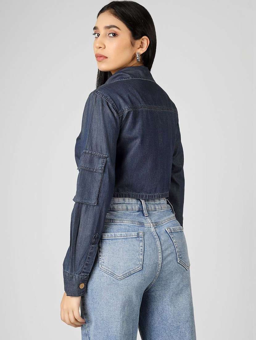 Women Solid Long Sleeve Crop Denim Shirt - 22465790 -  Standard Image - 4