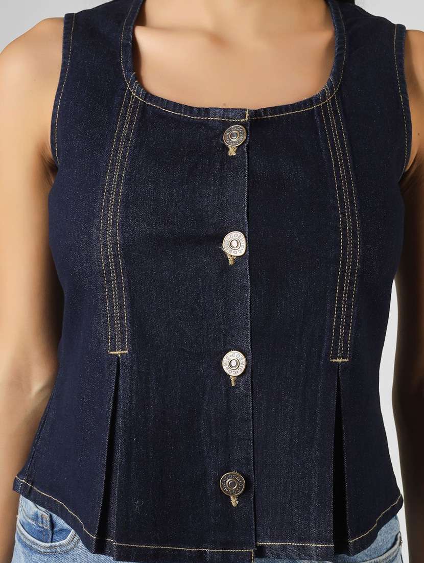 women solid navy blue cotton regular top - 22465912 -  Standard Image - 1