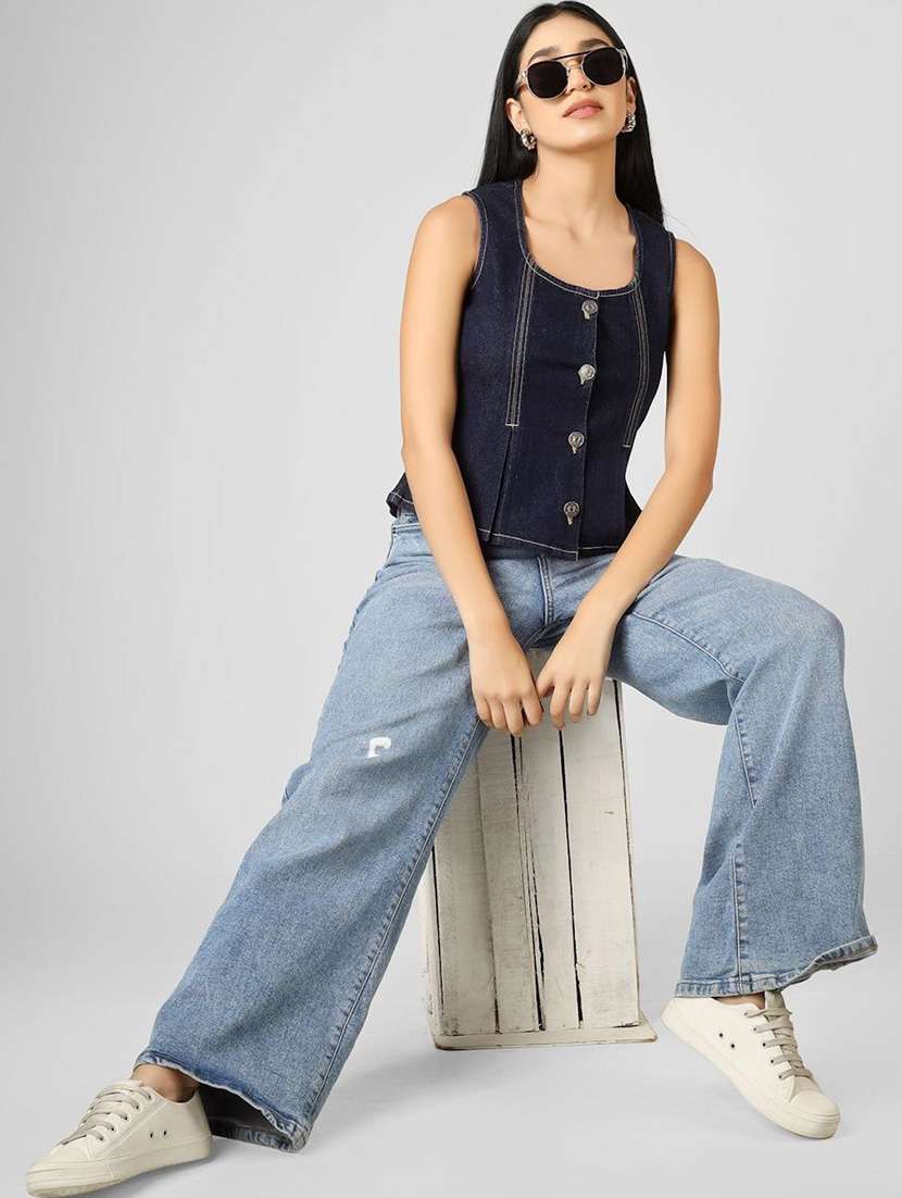 women solid navy blue cotton regular top - 22465912 -  Standard Image - 4