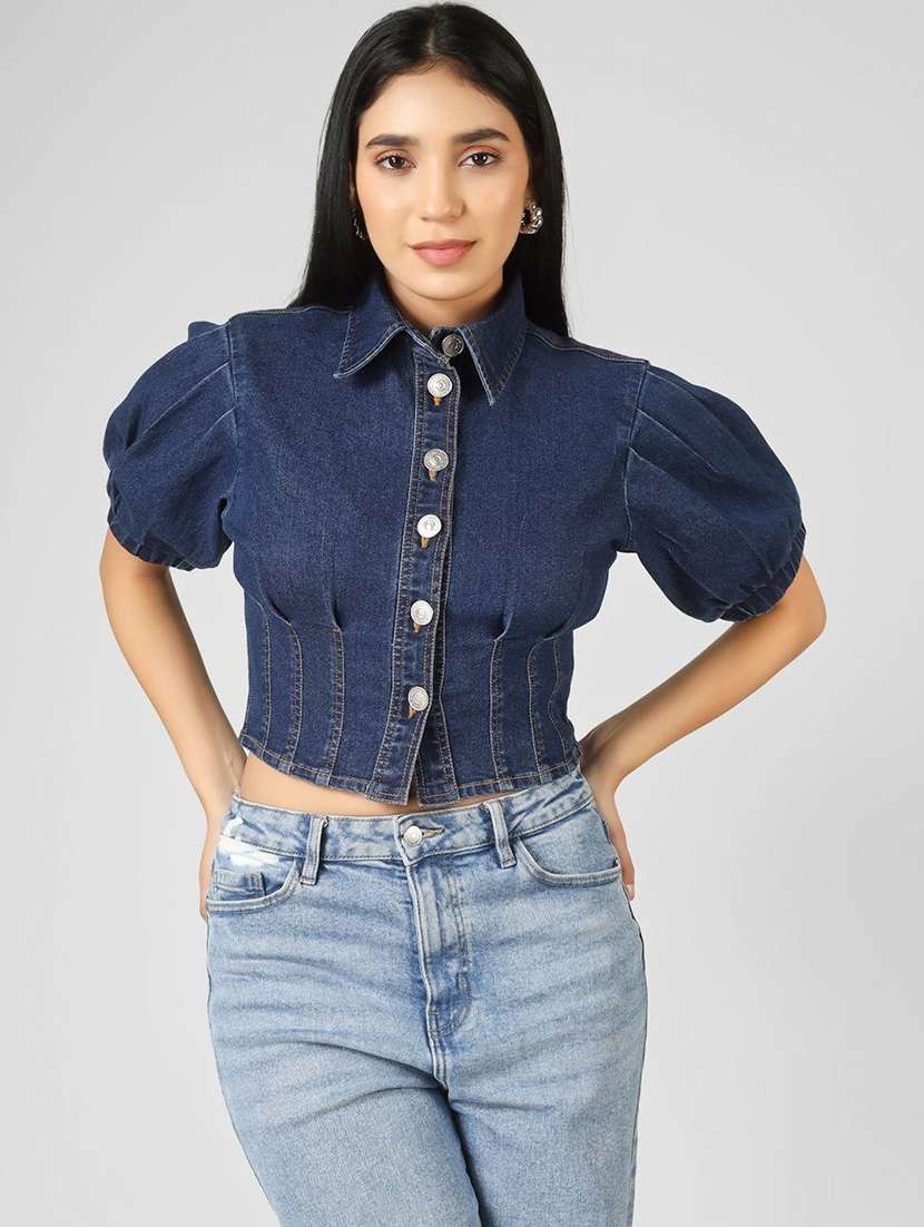 women solid blue cotton crop top