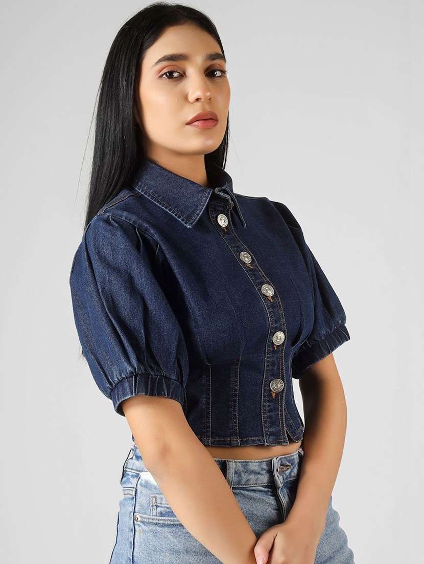 women solid blue cotton crop top - 22465913 -  Standard Image - 1