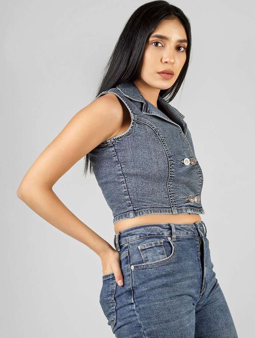 women solid blue cotton crop top - 22465915 -  Standard Image - 1