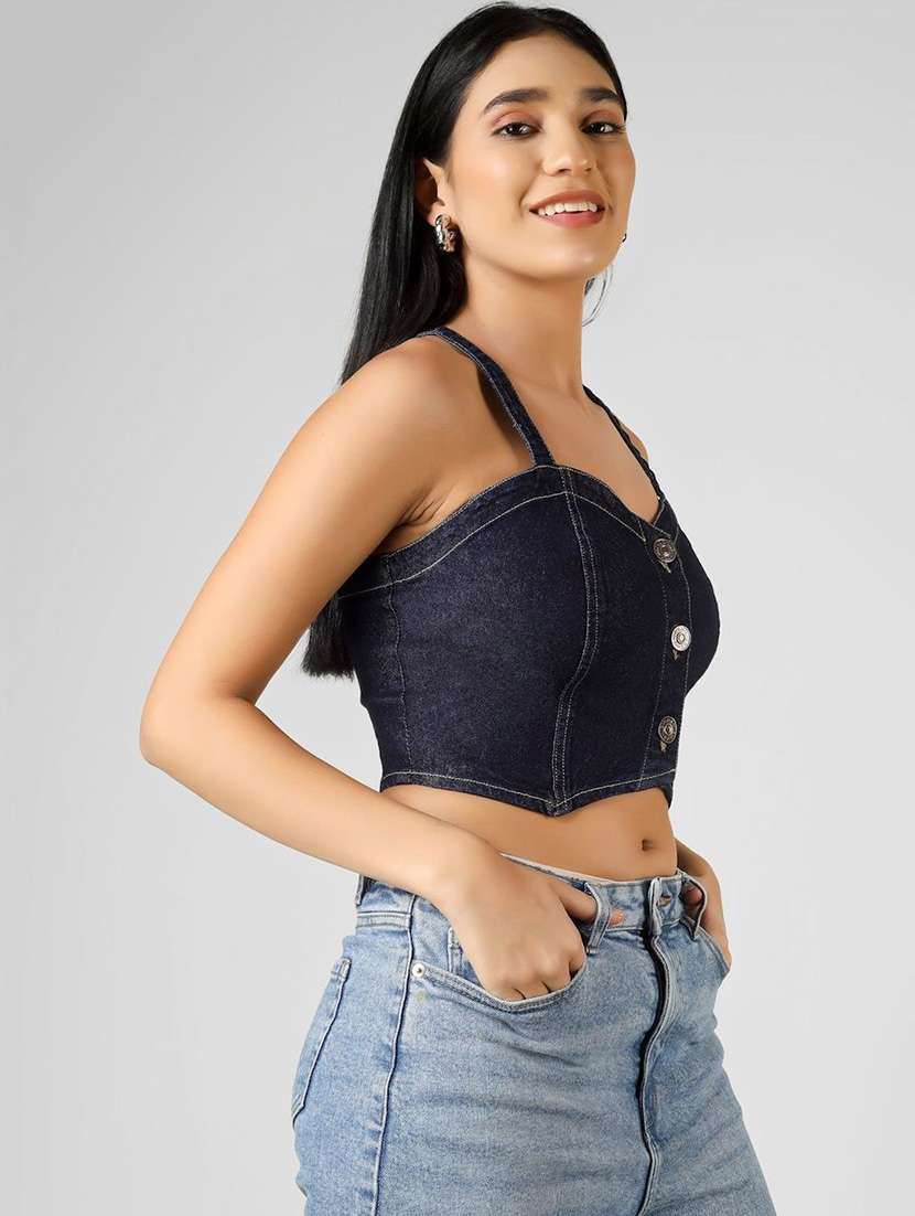 women solid navy blue cotton crop top - 22465916 -  Standard Image - 1