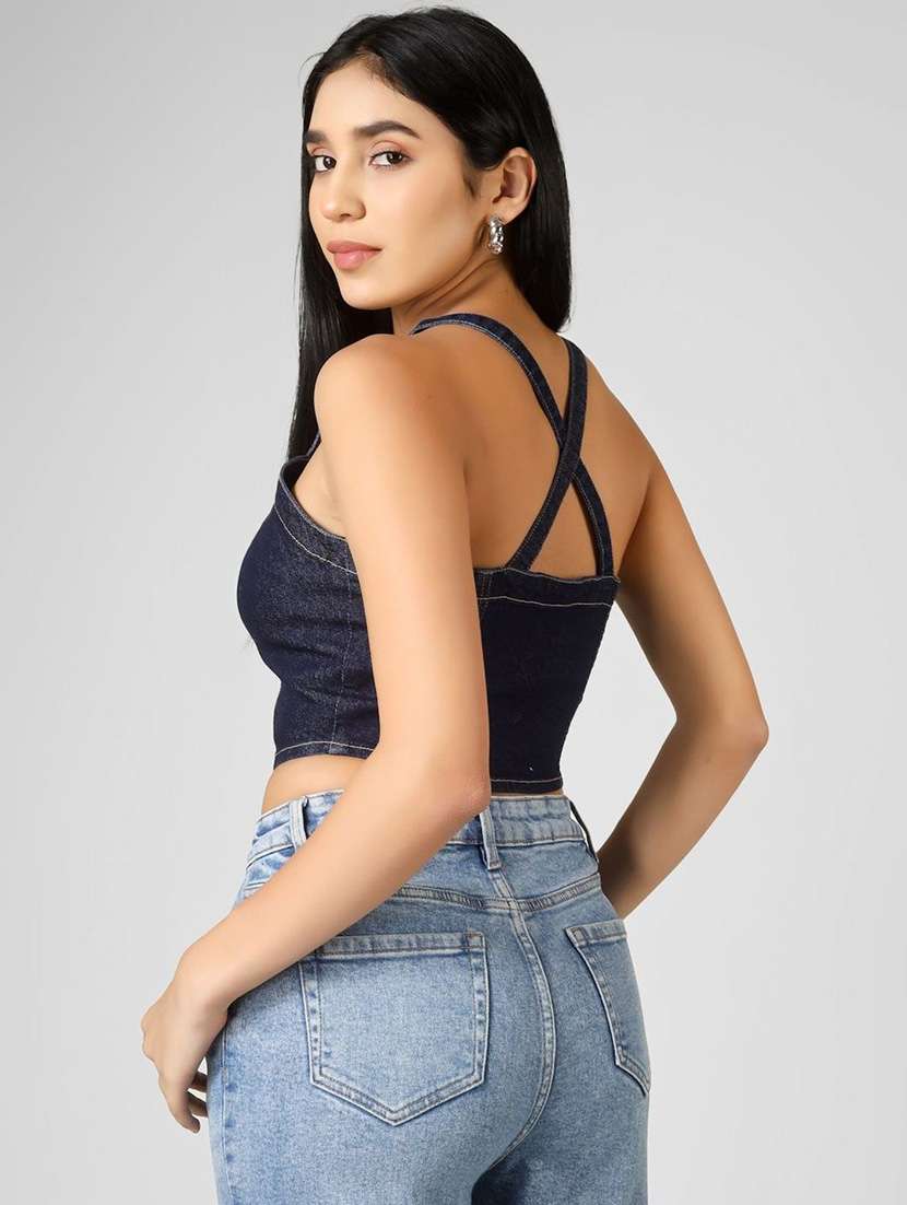 women solid navy blue cotton crop top - 22465916 -  Standard Image - 4