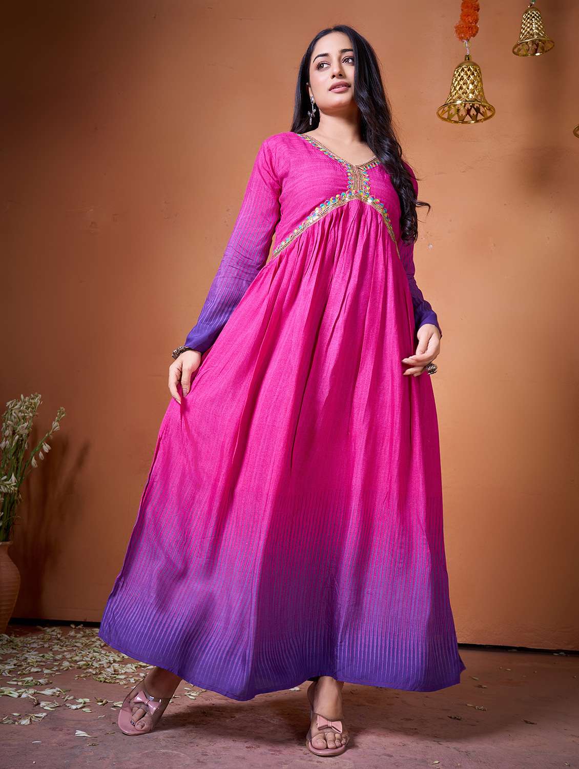 women purple silk blend fit & flare gown
