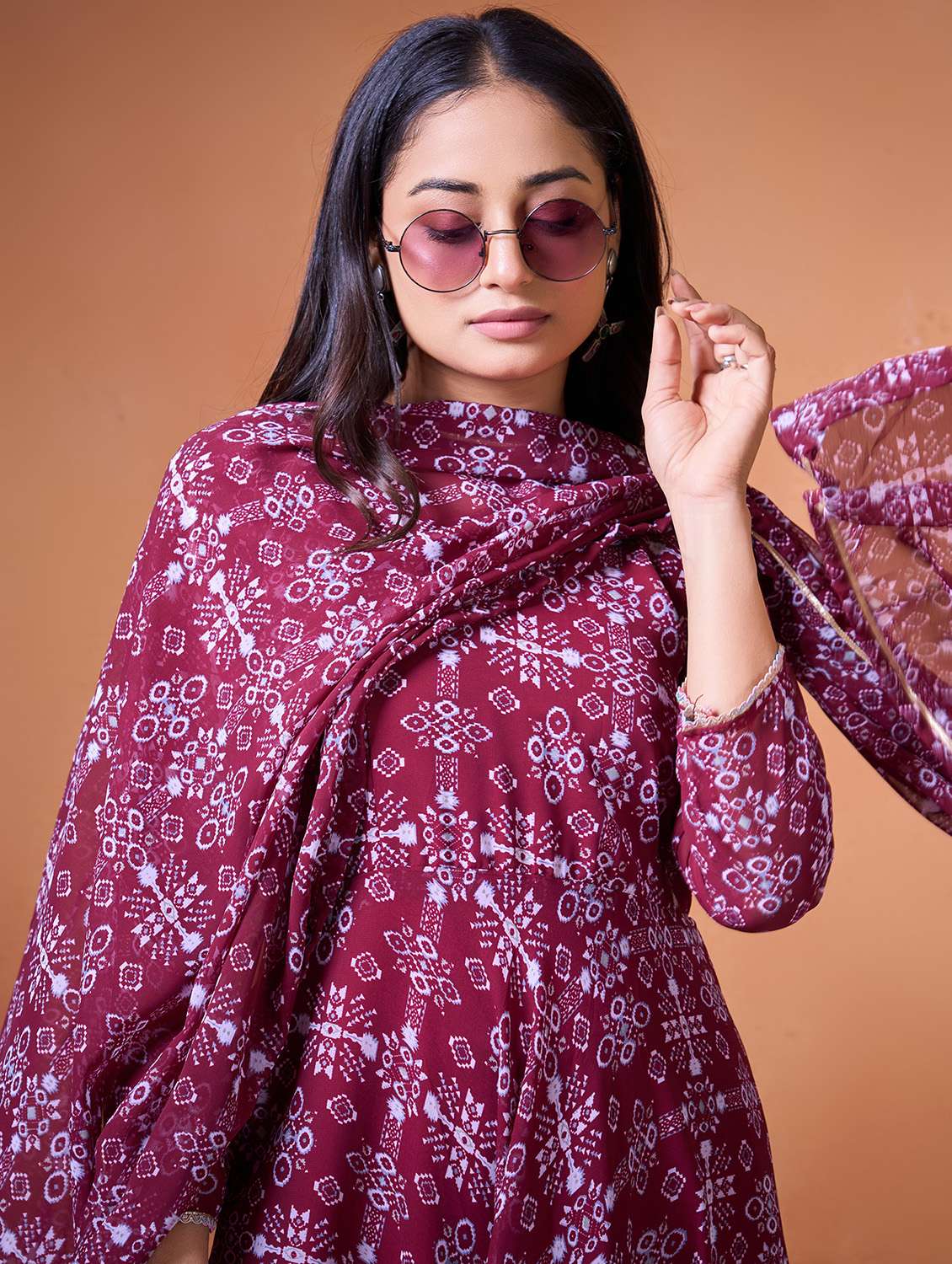 women maroon georgette fit & flare gown - 22465919 -  Standard Image - 1