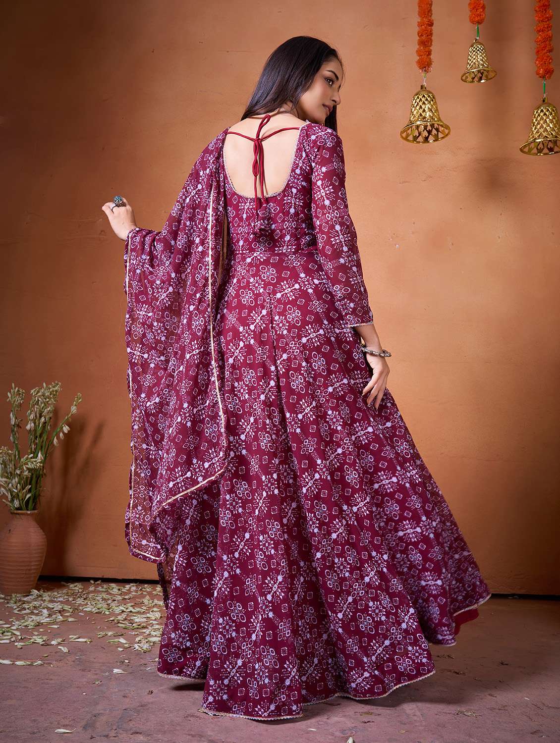 women maroon georgette fit & flare gown - 22465919 -  Standard Image - 4