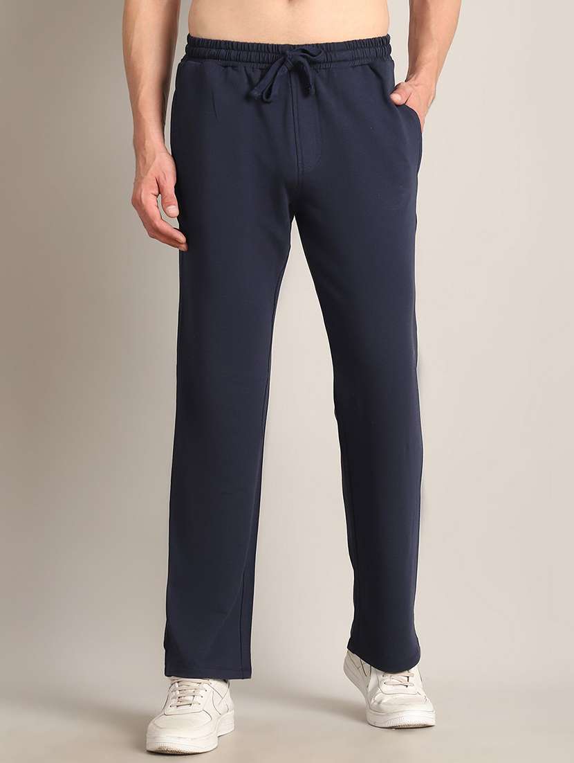 men blue cotton blend  full length track pant
