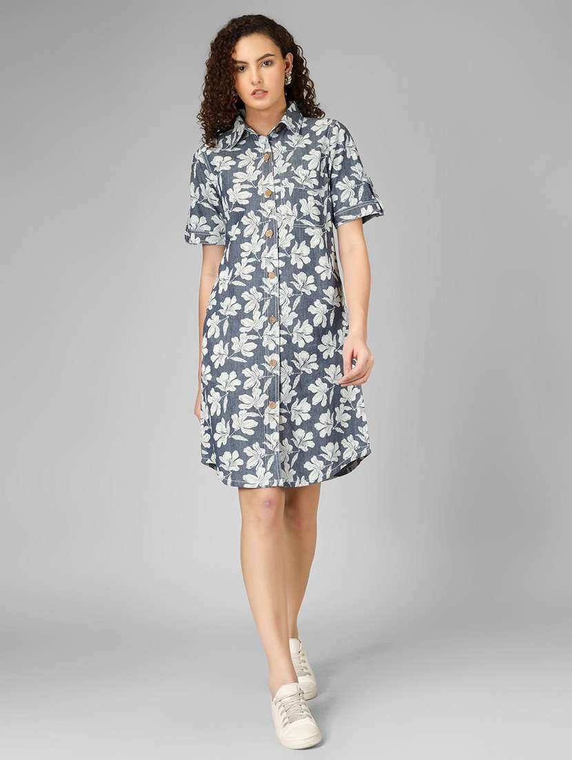 women grey denim shirt dress