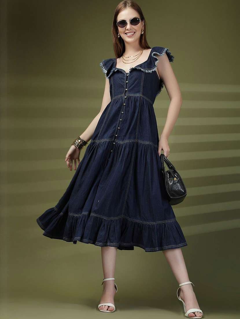 women navi blue denim fit & flare dress