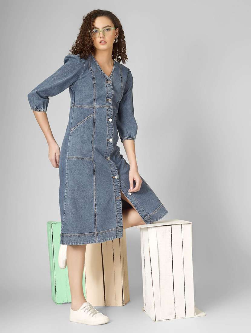 women blue denim a-line dress