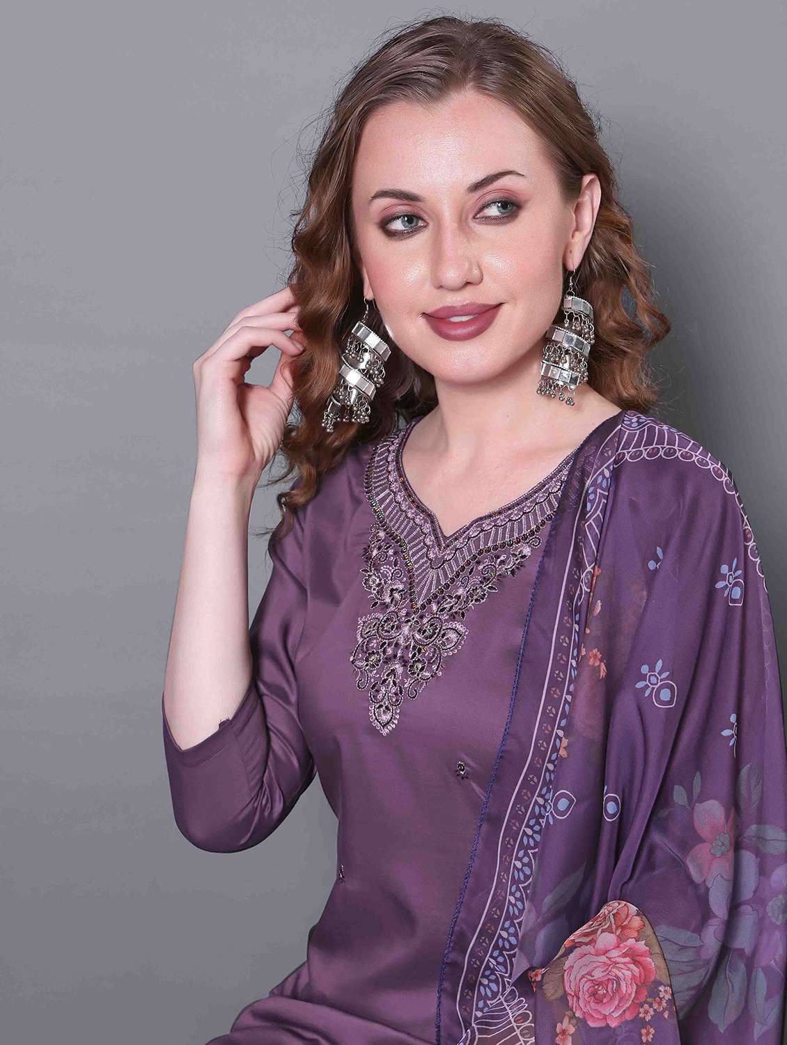 women self design lavender kurta dupatta set - 22466296 -  Standard Image - 1