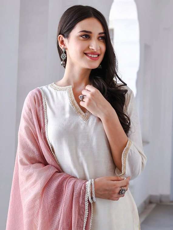 women self design cream kurta dupatta set - 22466312 -  Standard Image - 1
