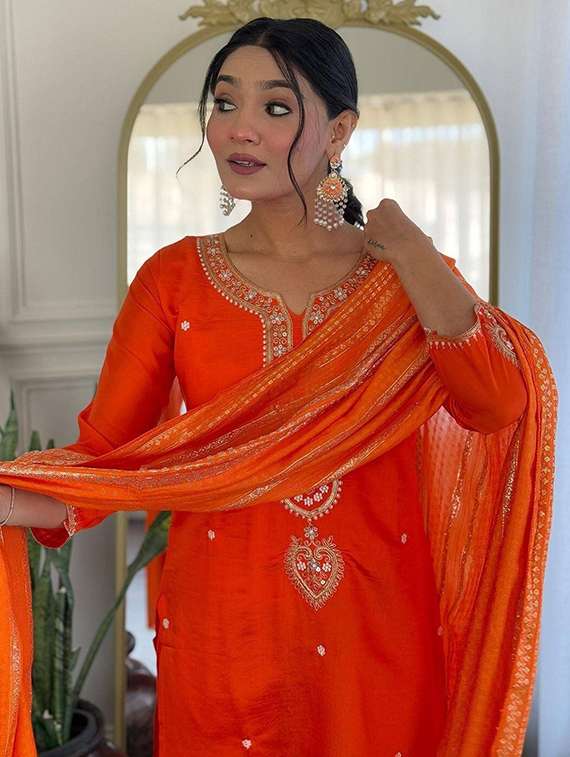 women solid with work three quarter sleeve kurta pant with dupatta set - 22466331 -  Standard Image - 1