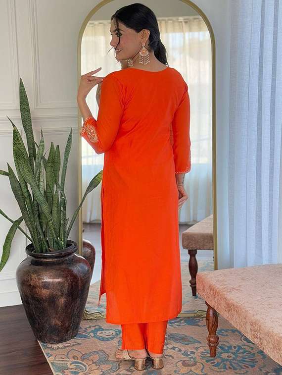 women solid with work three quarter sleeve kurta pant with dupatta set - 22466331 -  Standard Image - 4