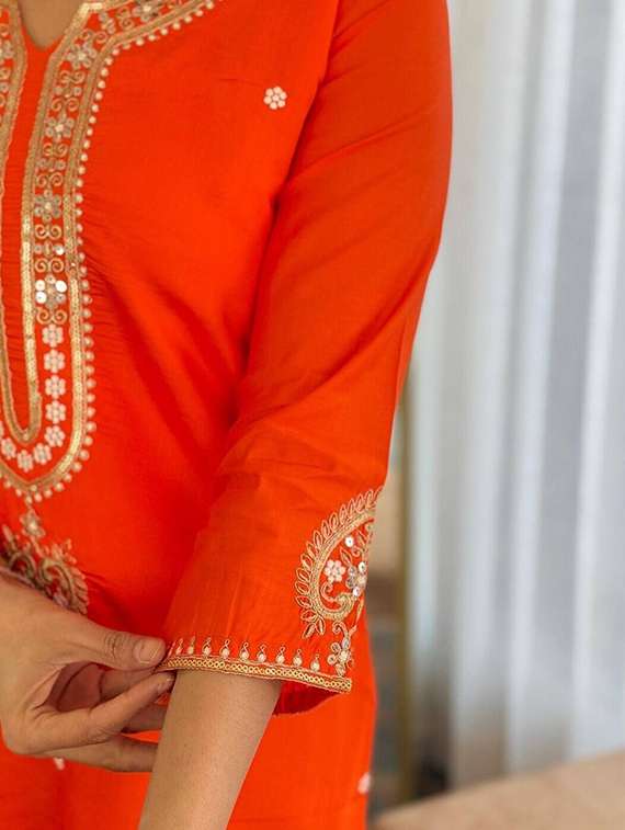 women solid with work three quarter sleeve kurta pant with dupatta set - 22466331 -  Standard Image - 6