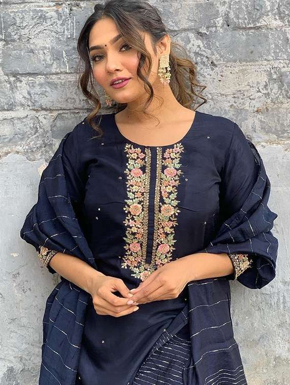 women self design blue kurta dupatta set - 22466339 -  Standard Image - 1