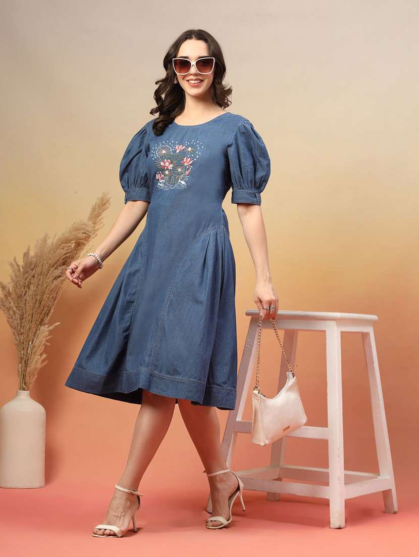women blue denim fit & flare dress