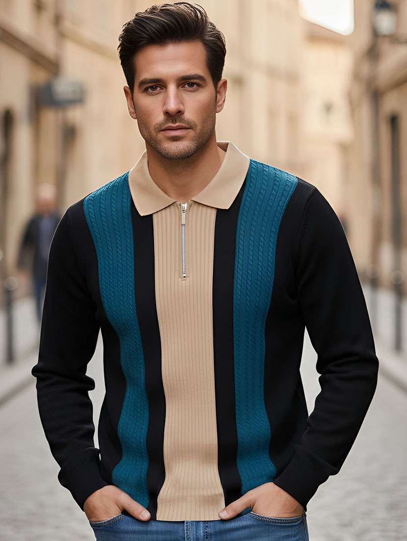 men color block long sleeve regular fit polo t-shirt - 22467134 -  Standard Image - 1