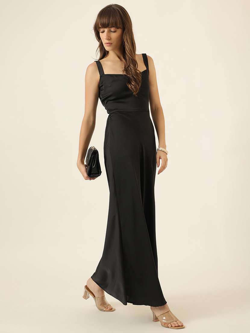 women solid shoulder strap a-line maxi dress