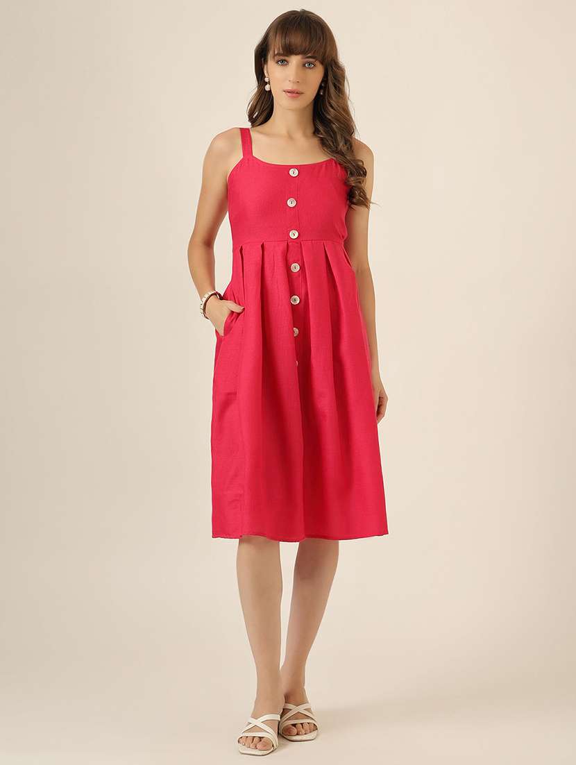 women solid shoulder strap a-line dress