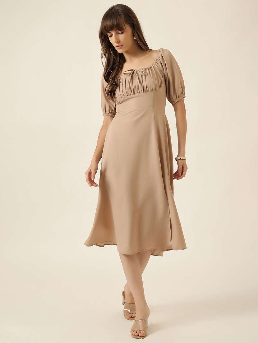 women solid puff sleeve a-line dress - 22467476 -  Standard Image - 1
