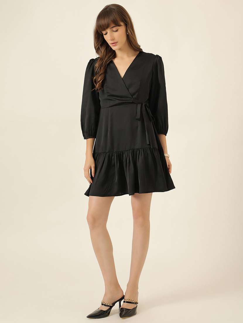 women solid puff sleeve tiered dress - 22467483 -  Standard Image - 1