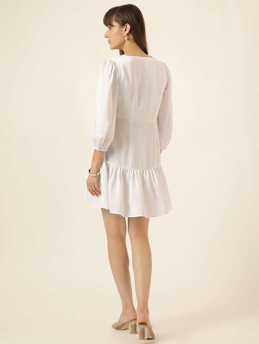 women solid puff sleeve tiered dress - 22467484 -  Standard Image - 4
