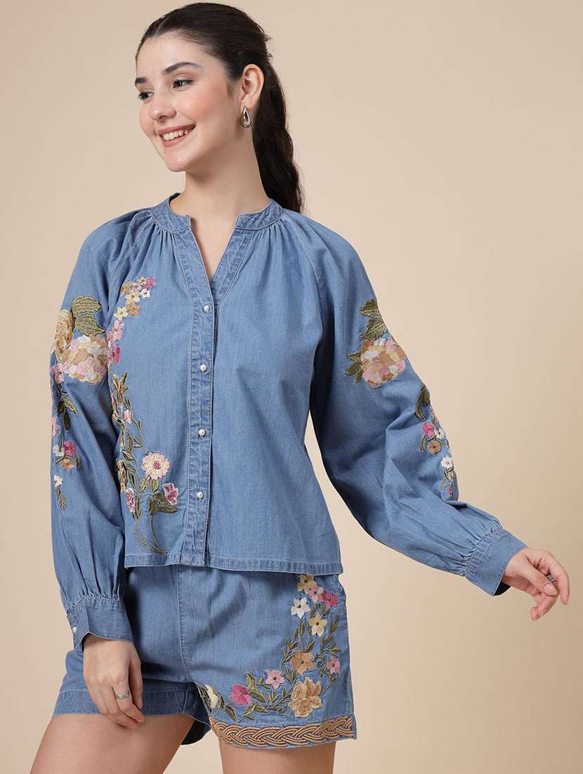 women blue cotton shirt & shorts co-ord set