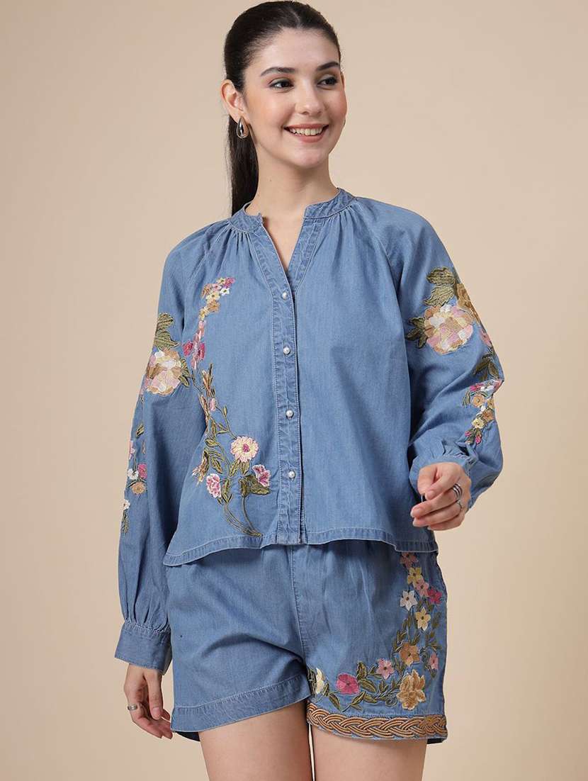 women blue cotton shirt & shorts co-ord set - 22467595 -  Standard Image - 1