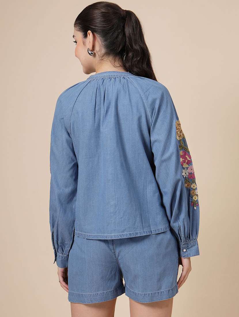 women blue cotton shirt & shorts co-ord set - 22467595 -  Standard Image - 4