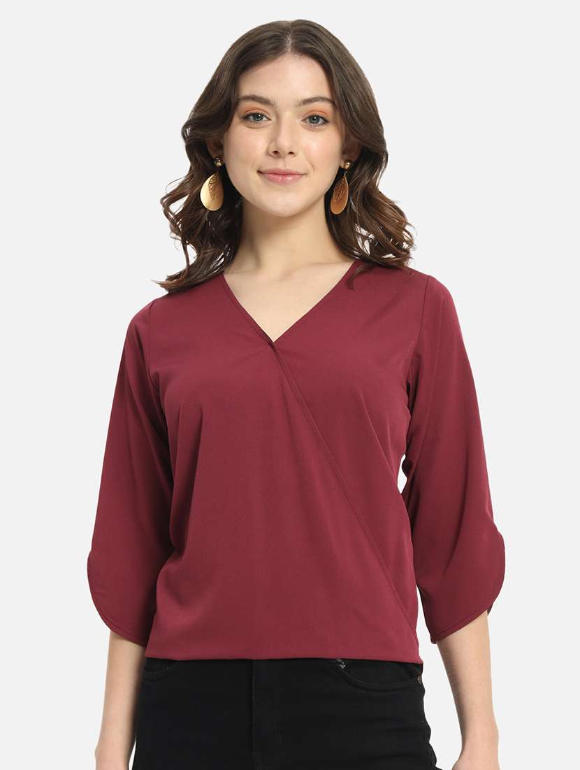 women solids maroon crepe regular top