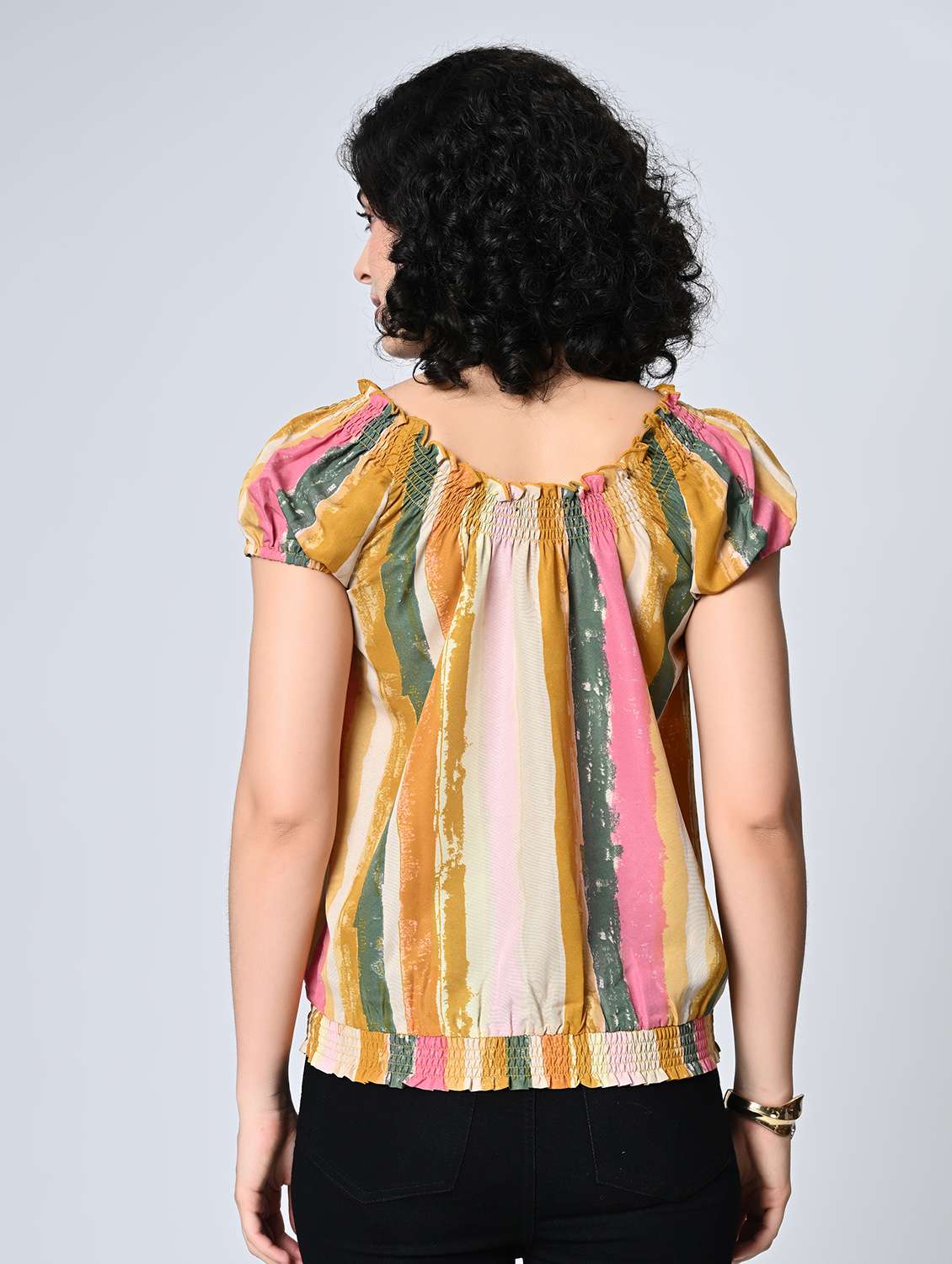Women Stripes Multi Colored Crepe Regular Top - 22467614 -  Standard Image - 4