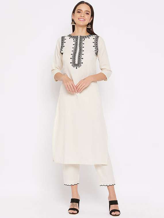 women off white cotton blend kurta pant set - 22467631 -  Standard Image - 1