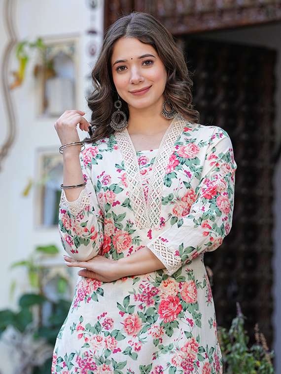 women printed beige cotton blend top and trouser set co-ord - 22467633 -  Standard Image - 1