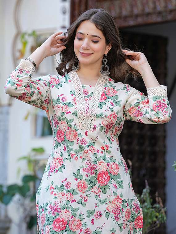 women printed beige cotton blend top and trouser set co-ord - 22467633 -  Standard Image - 4