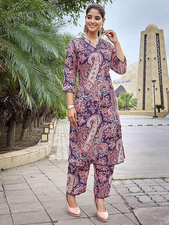 women printed purple cotton blend top and trouser set co-ord - 22467636 -  Standard Image - 1