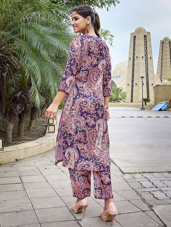 women printed purple cotton blend top and trouser set co-ord - 22467636 -  Standard Image - 4